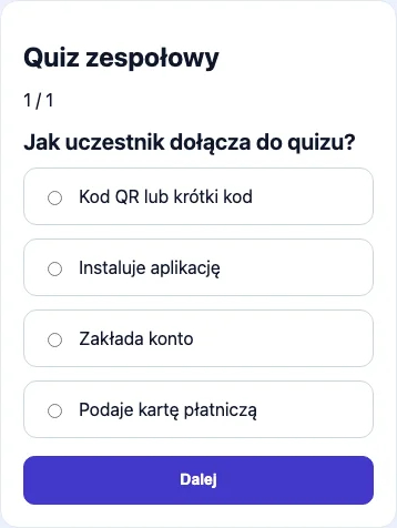 Ekran uczestnika z pytaniem i czterema odpowiedziami